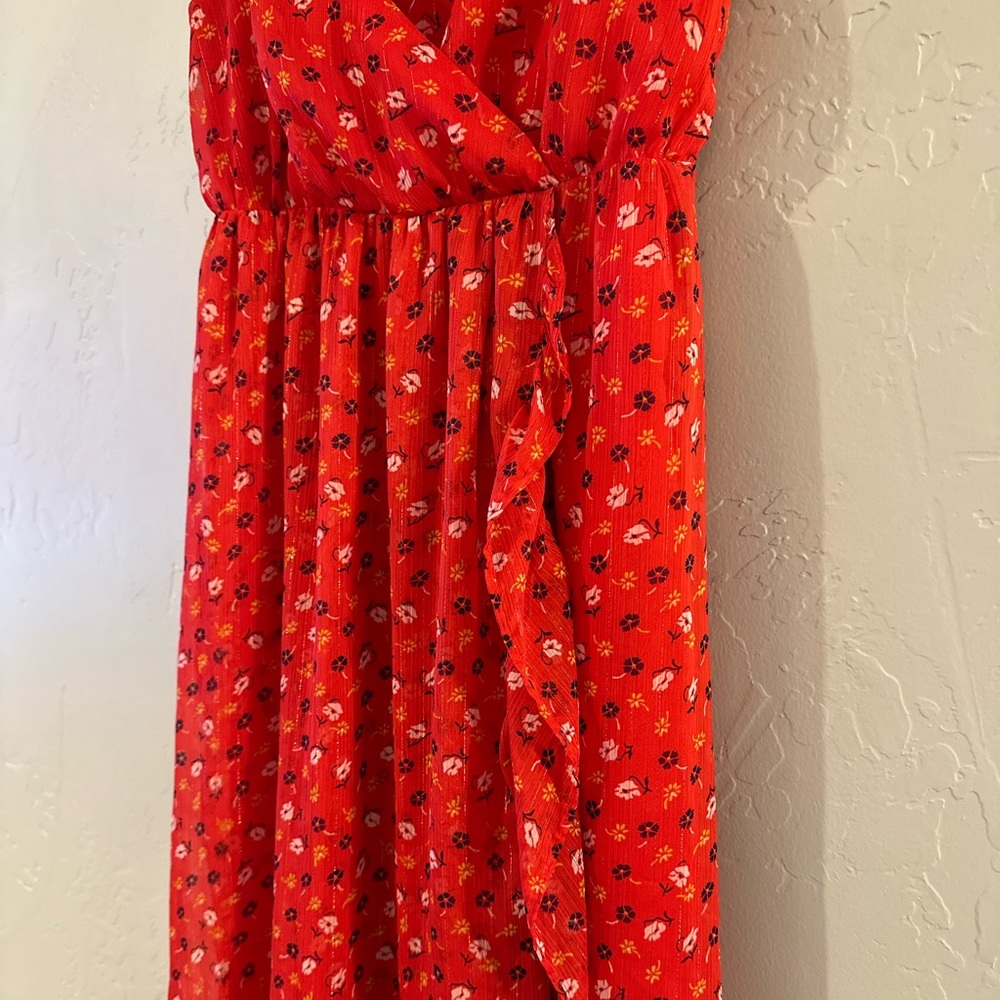 Madewell Ruffle-Strap Wrap Dress Metallic Striped Prairie Posies Red - Picture 10 of 14